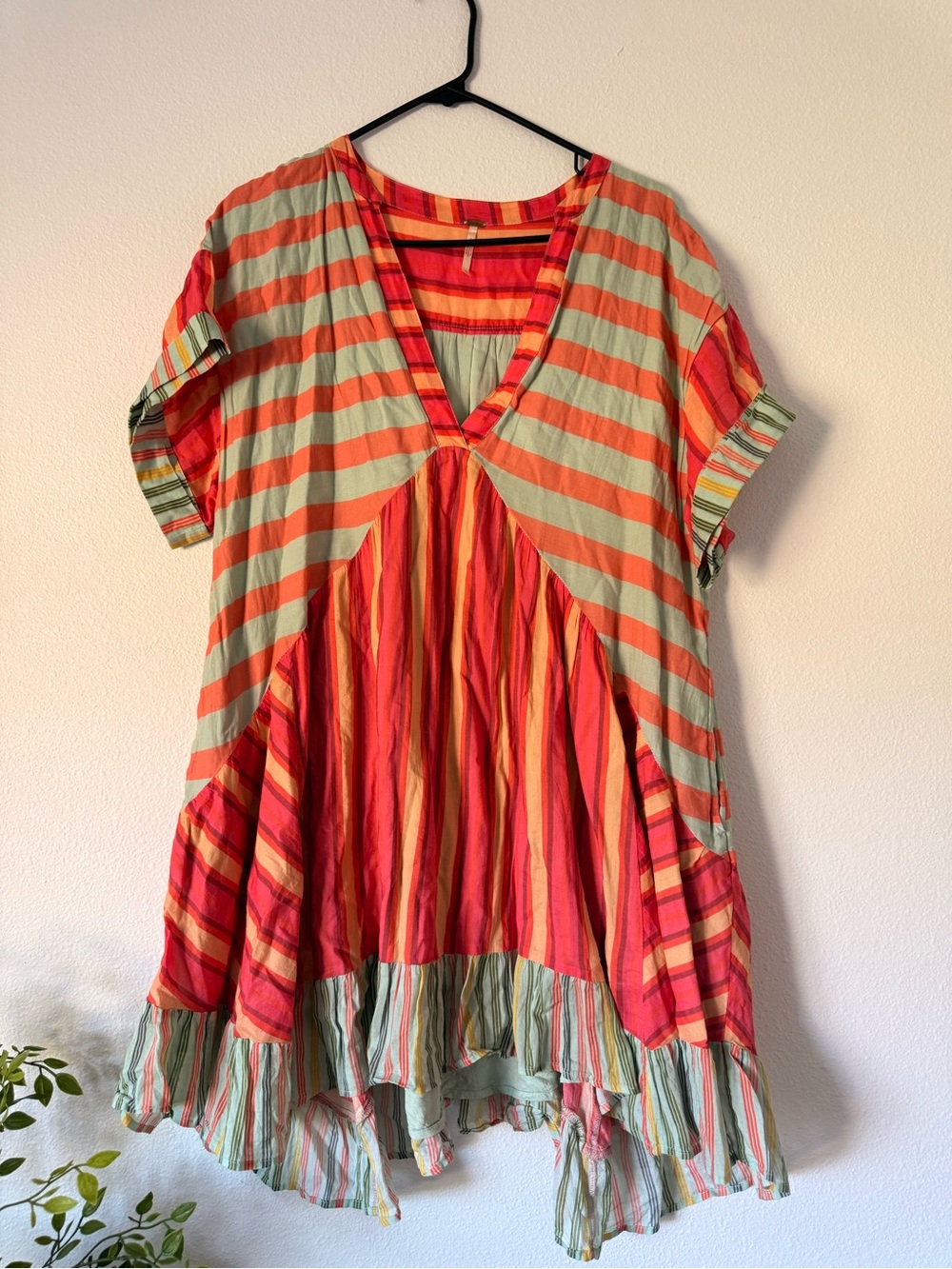 Free People Striped V-Neck High-Low Dress in Coral and Sage